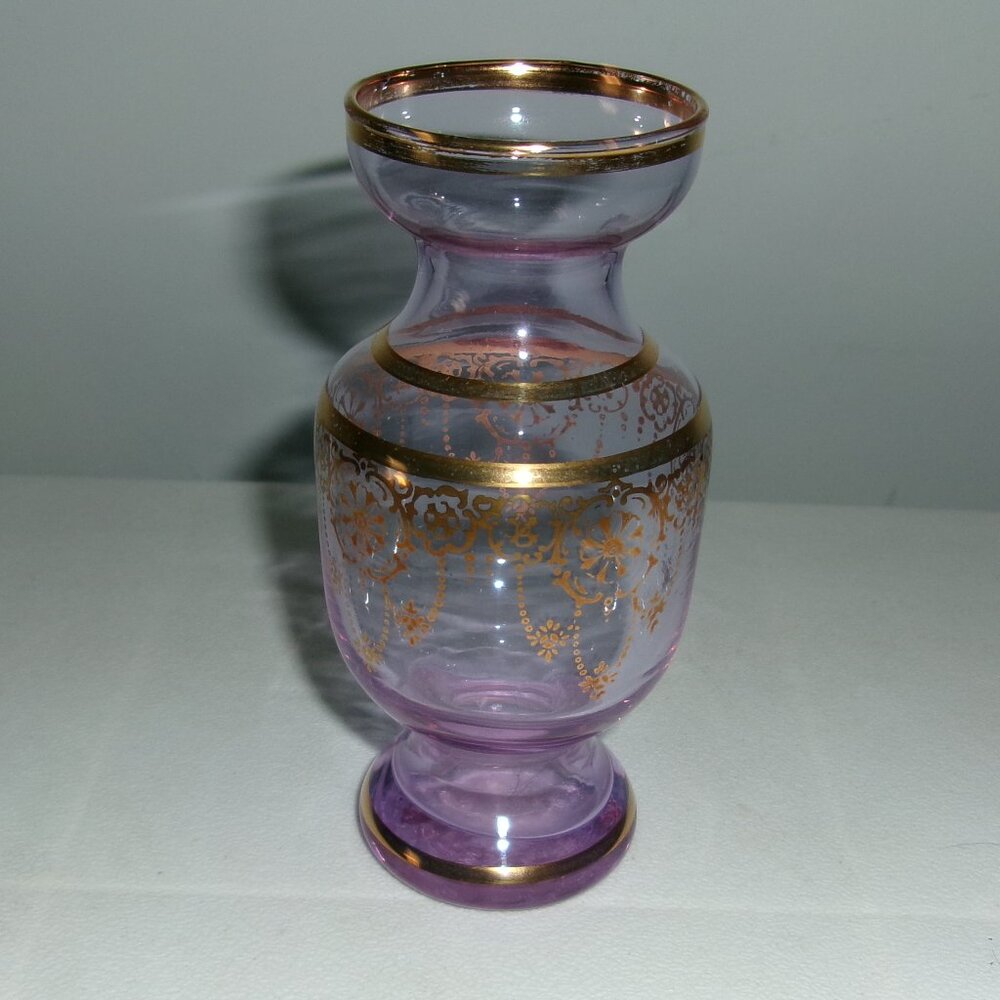 Vintage Egyptian Style Lilac Glass Vase With Gold Trim